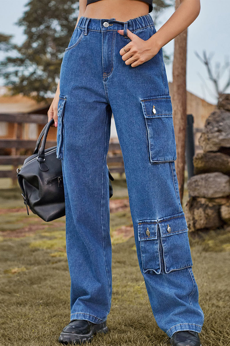 Street Pocket Mid Waist Loose Denim Jeans
