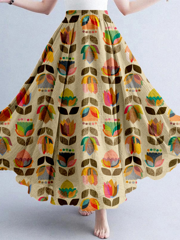 Retro Color Block Flowers  Abstract Art Linen Blend Skirt elevenforest