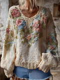 Comstylish Bohemian Style Plant And Flower Embroidery Pattern Women's Round Neck Knitted Sweater