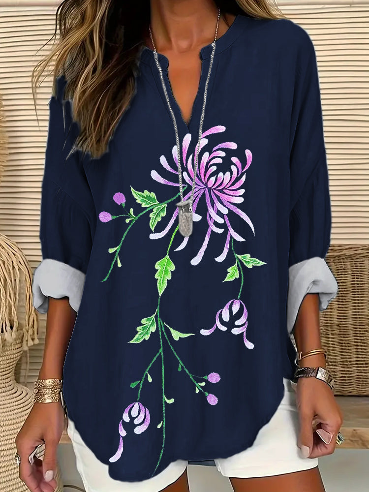Flower Embroidery Pattern Linen Ladies Long-Sleeved Shirt elevenforest