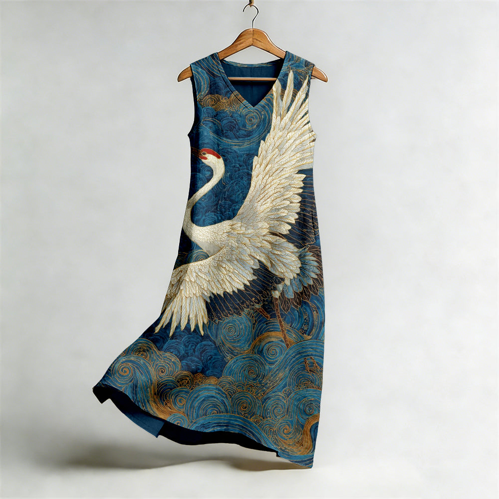 Comstylish Vintage Japanese Cranes Art Flowy Linen Midi Dress