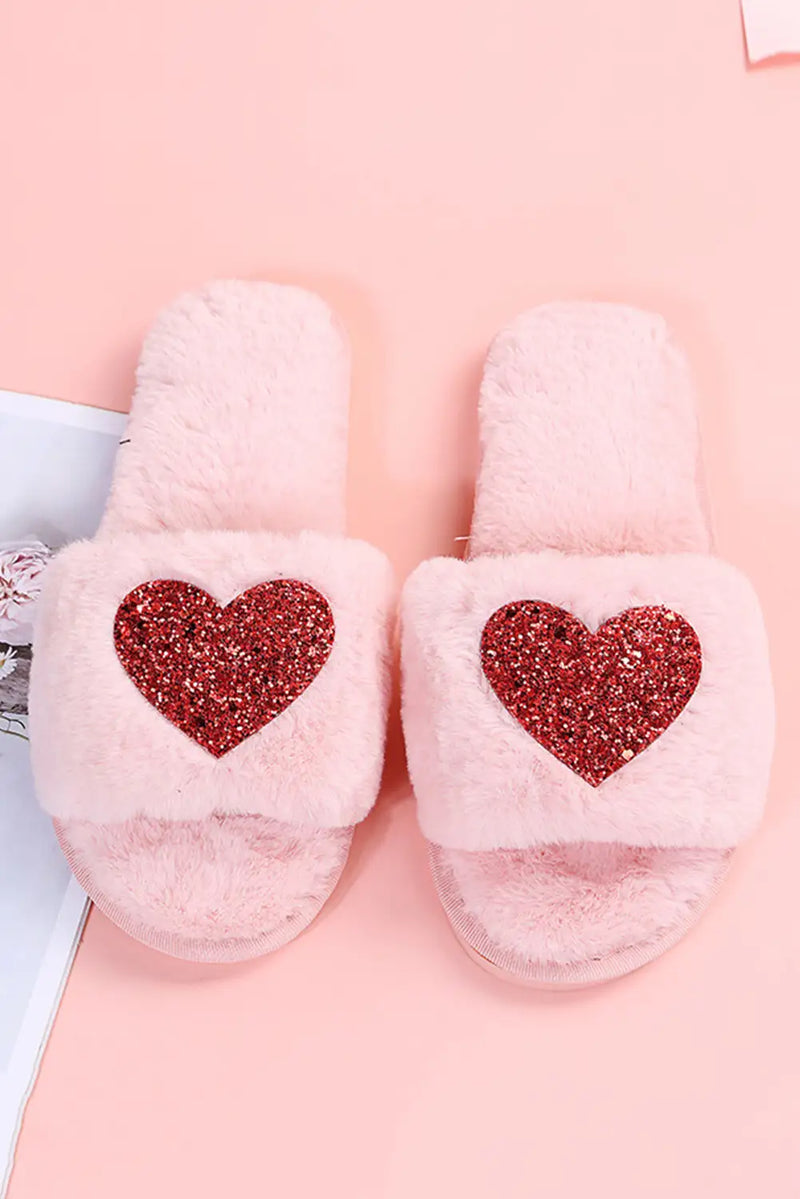 Pink Sequin Plush Heart Slippers