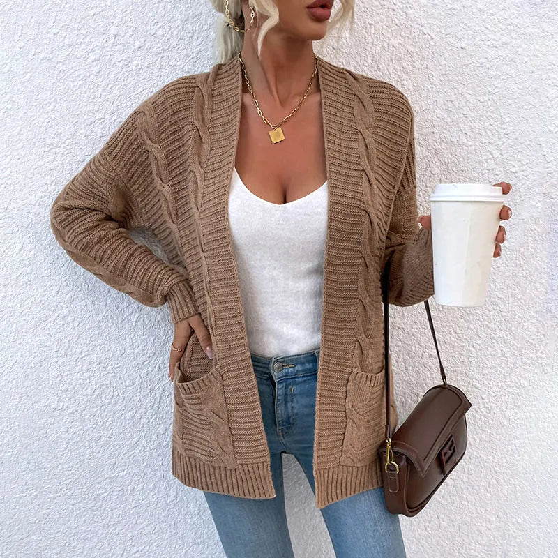 Sweater Autumn Winter New Twist Mid-length Pocket Knitted Cardigan Coat