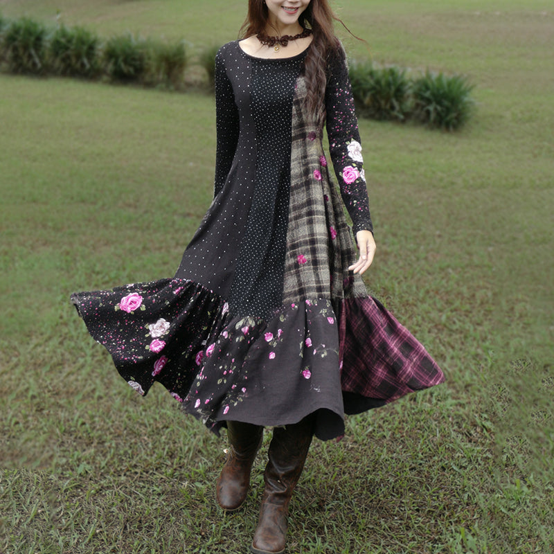 Women's Vintage Polka Dot And Rose Floral Plaid Patchwork Linen Dress elevenforest