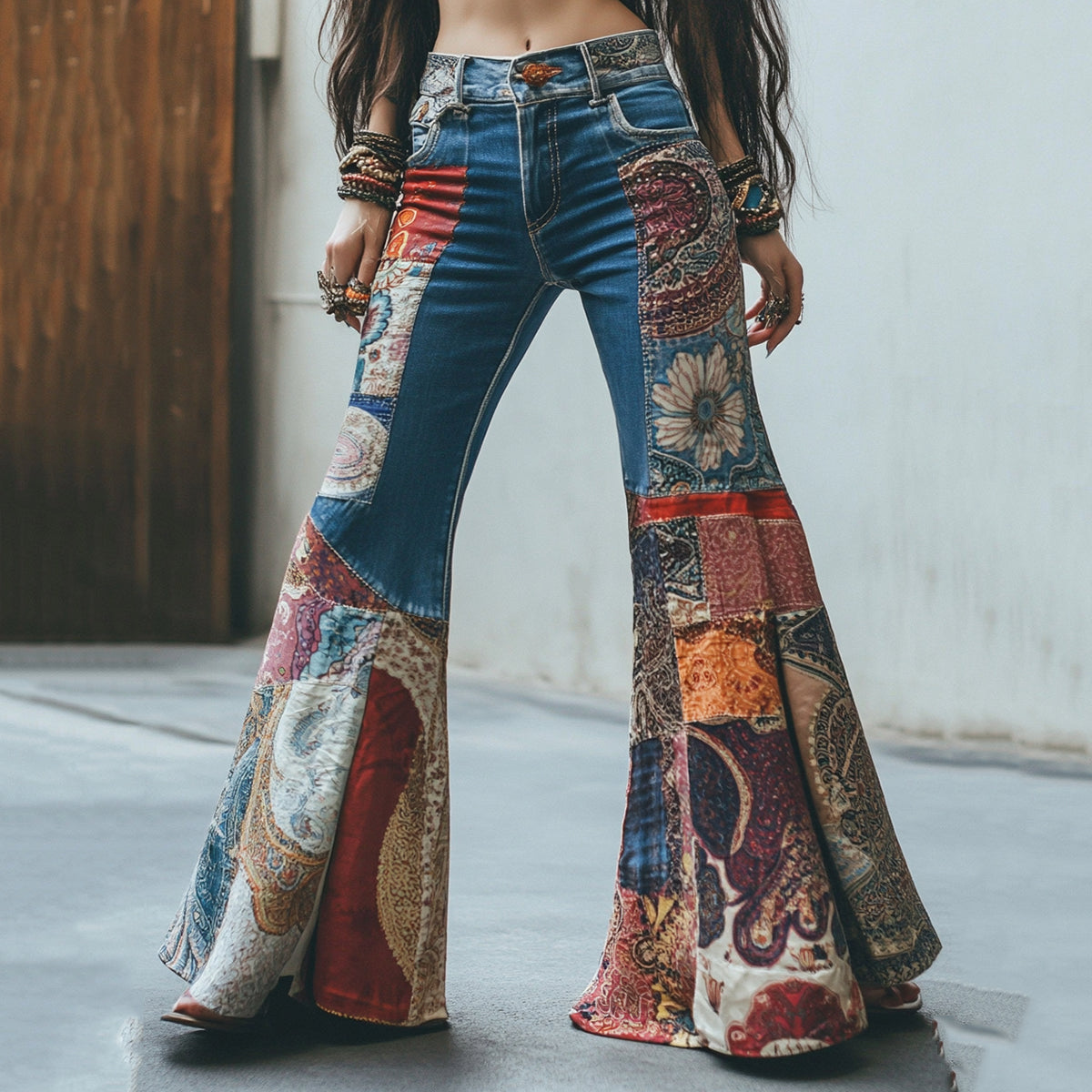 Retro Bohemian Pattern And Paisley Pattern Patchwork Flared Jeans elevenforest