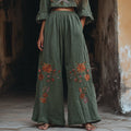 Women's Vintage Floral Embroidered Pattern Linen Blend Casual Pants elevenforest