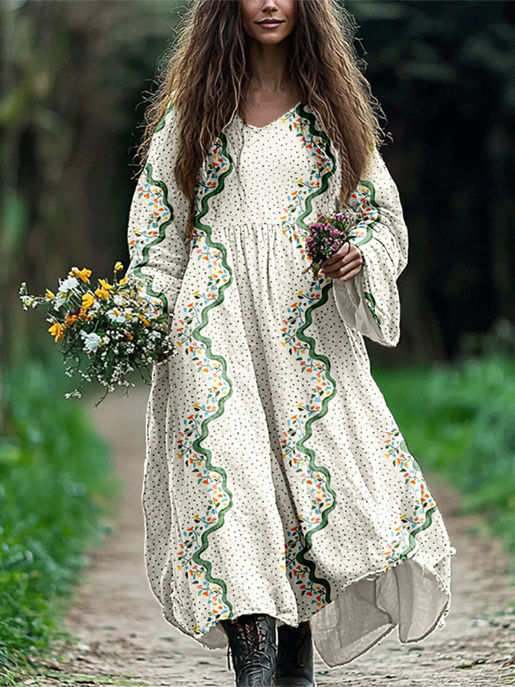 Vintage Boho Floral Flowy Linen Blend Maxi Dress elevenforest