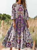Women's Retro Ethnic Totem Art Print Flowy Round Neck Cotton Pocket Dr