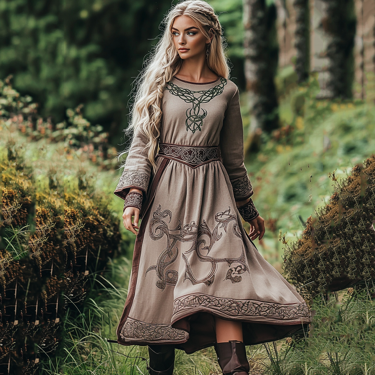 Vintage Viking Celtic Tree Of Life Basic Linen Crew Neck Dress elevenforest