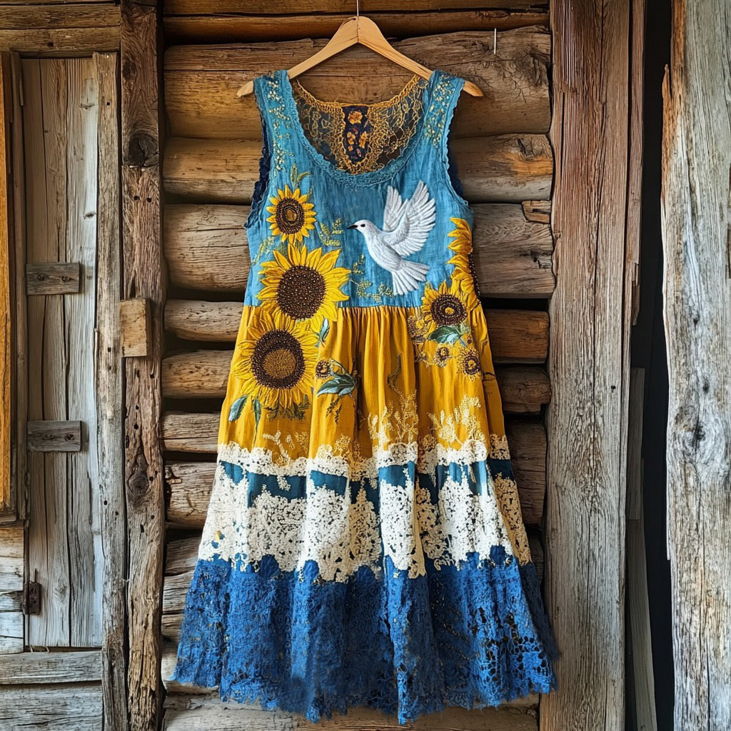 Women's Retro Dove Of Peace And Sunflower Lace Art Tank Dress elevenforest