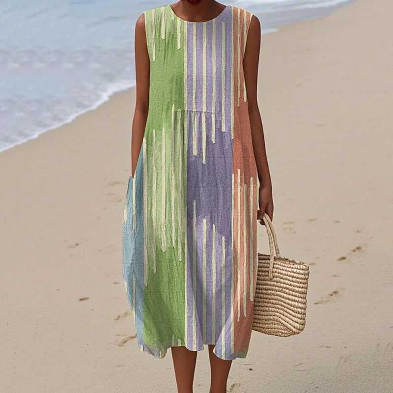 Women's Vintage Abstract Geometric Art Print Linen Tank Dress elevenforest