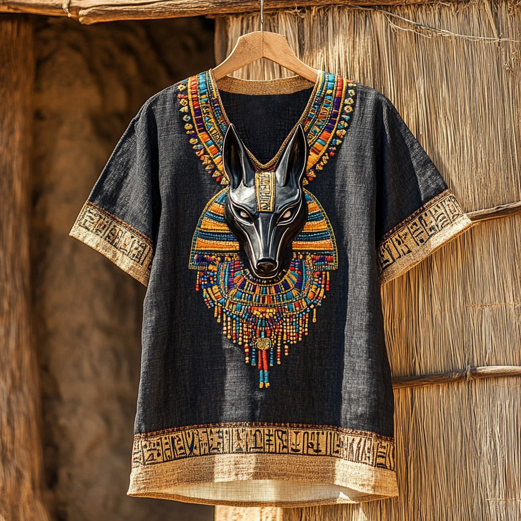 Ancient Egyptian Anubis Inspired V Neck Linen T Shirt elevenforest