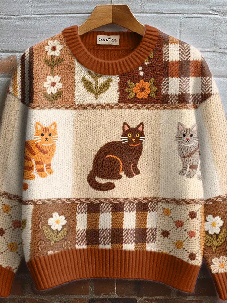 Women's Fall Floral Cat Crochet Pattern Cozy Knit Sweater artswardrobe