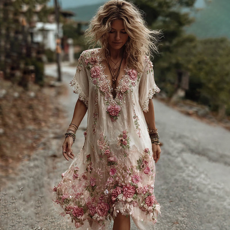 Women's Vintage Flower Embroidery Art Linen Short Sleeve Mini Dress elevenforest