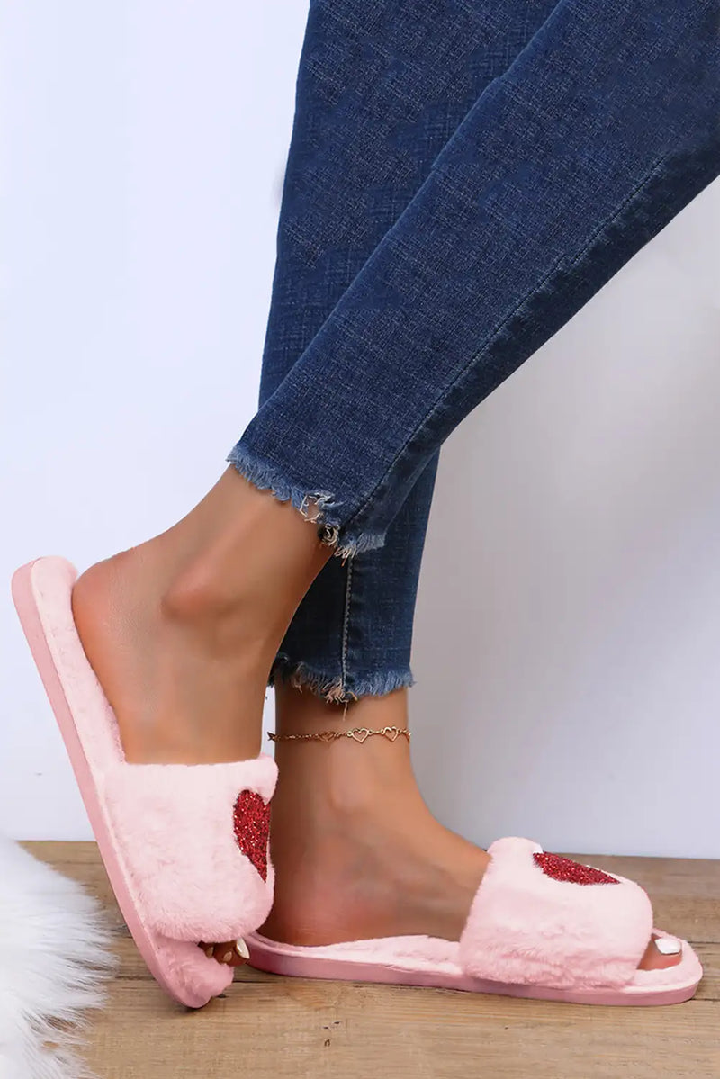 Pink Sequin Plush Heart Slippers