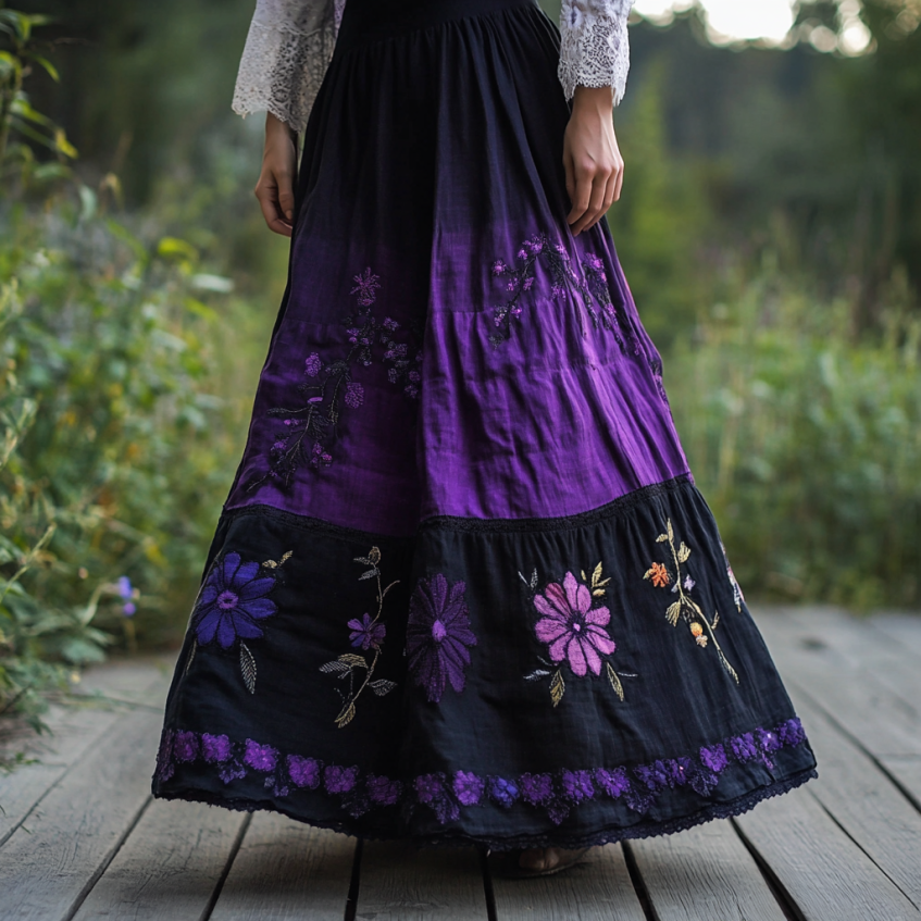 Women's Boho Lavender With Lace Patchwork Embroidered Art Linen Blend Skirt elevenforest