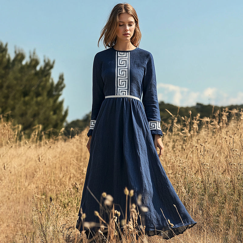 Elegant Greek Key Print Midi Dress elevenforest