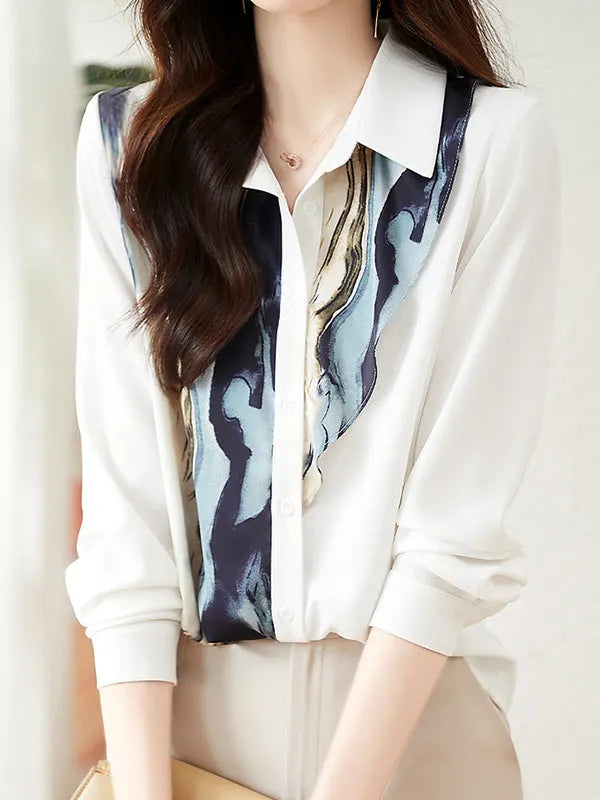 Long Sleeves Loose Buttoned Printed Lapel Blouses&shirts Tops