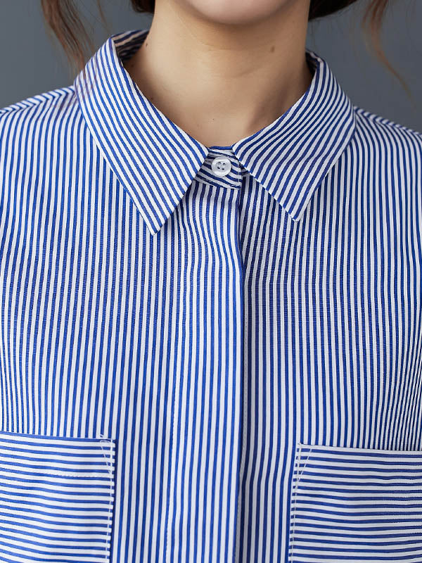 Loose Striped Split-joint With Pocket Lapel Collar Long Sleeves Blouse