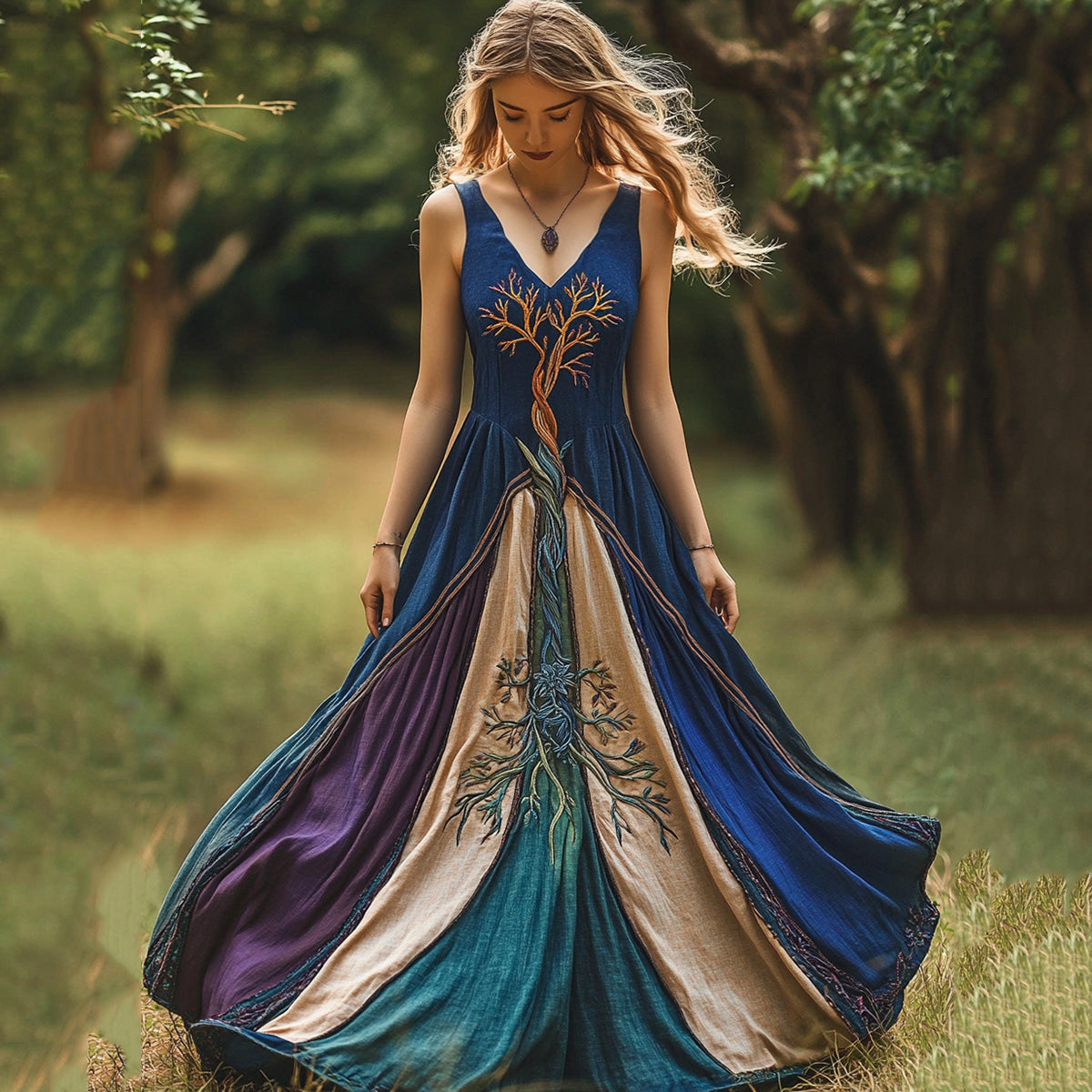 Viking Tree Of Life Patchwork Belt Maxi Dress elevenforest