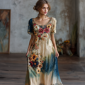 Women's Vintage Oil Painting Flower Art Round Neck Short Sleeve Maxi Dress