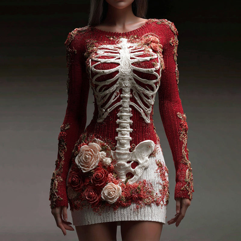Comstylish Vintage Skeleton Roses Art Crew Neck Sweater Dress