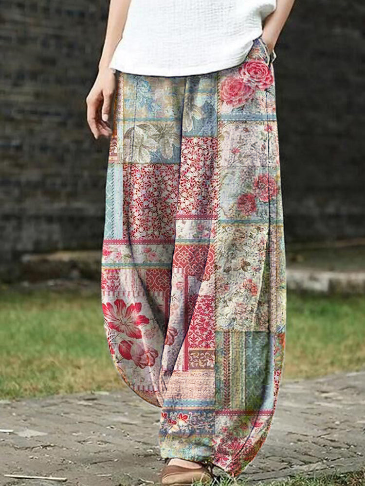 Vintage Floral Patchwork Printed Women's Loose Linen Pants elevenforest