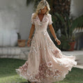 Women's Pink Rose Embroidered Art Pattern V-neck Short Sleeve Midi Dress elevenforest