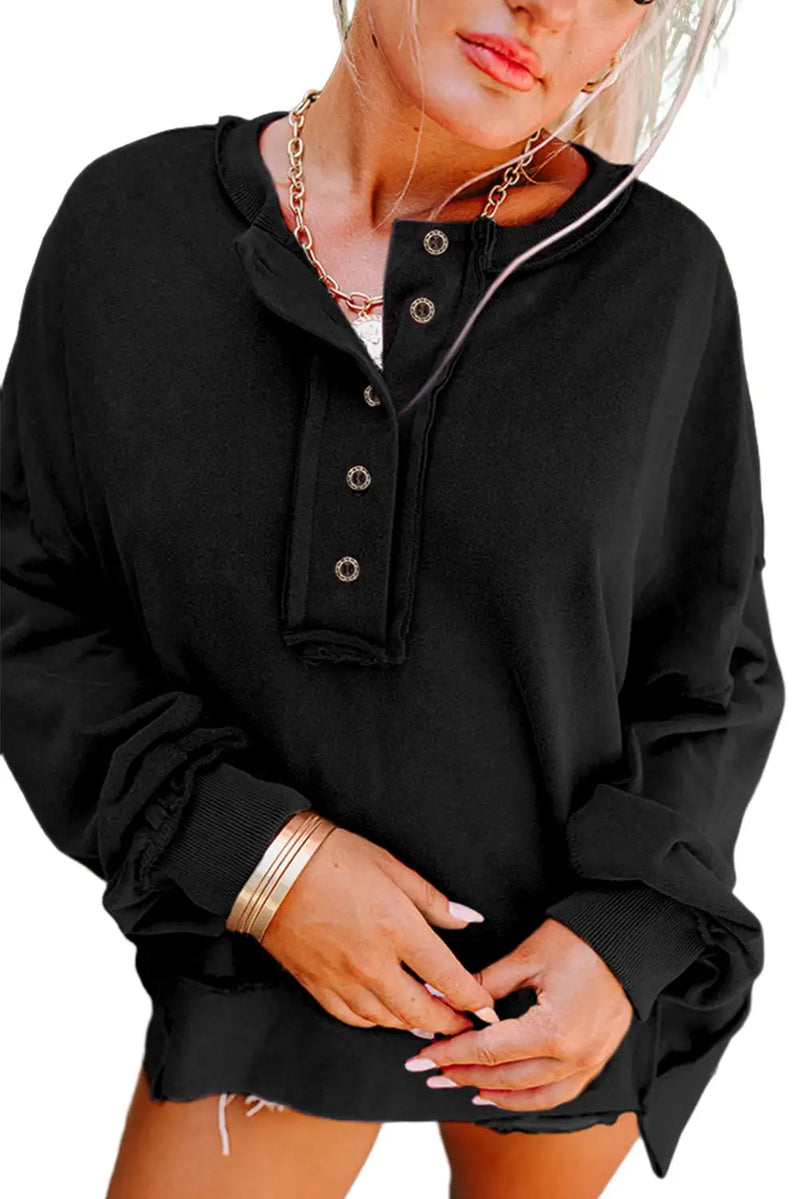Black Drop Shoulder Henley Sweatshirt