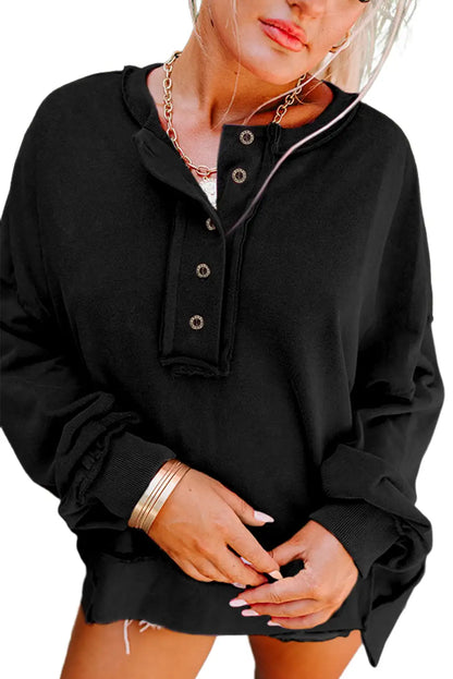 Black Drop Shoulder Henley Sweatshirt
