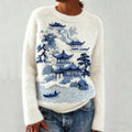Comstylish Japanese Buildings Pine Trees Mountain Landscape Embroidered Cozy Sweater