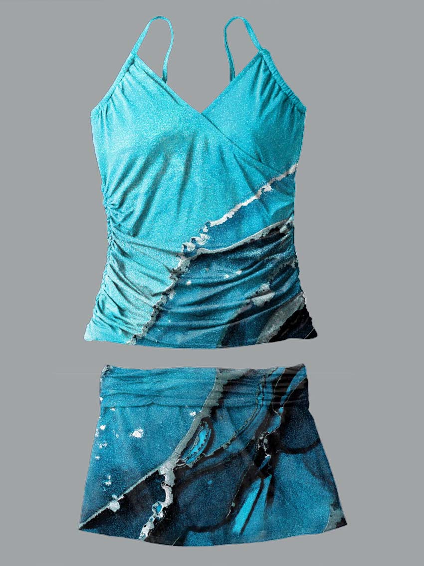 V-Neck Royal Blue Marble Art Print Suspender Skirt Tankini Pantskirt Set Swimsuit