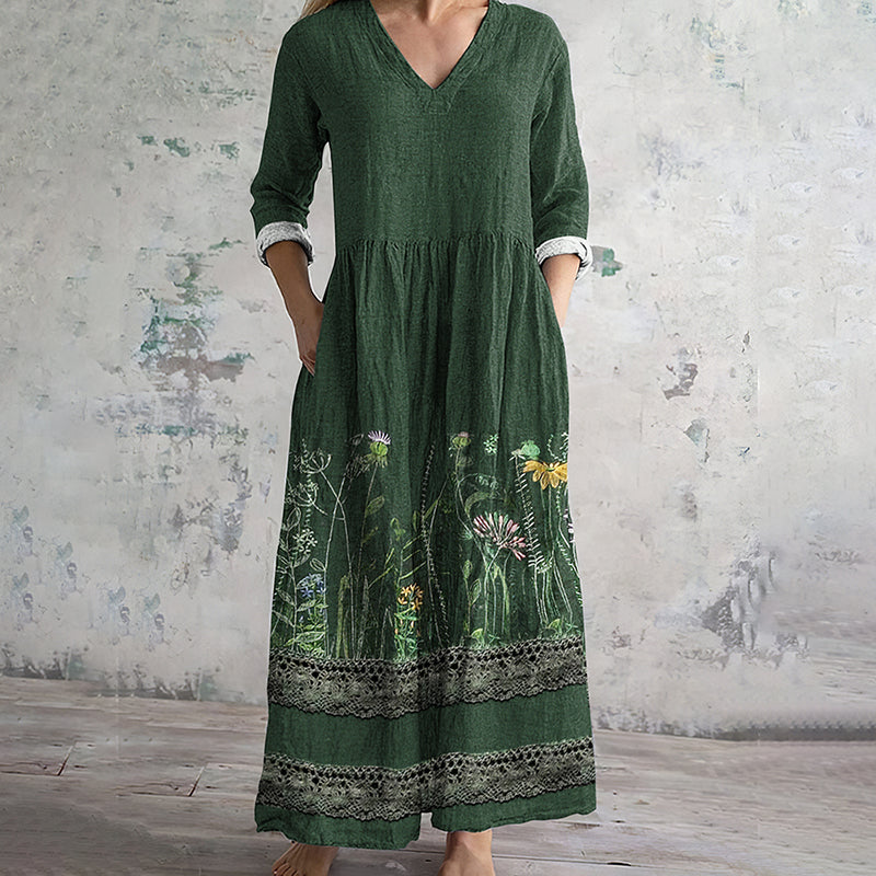 Vintage Floral Embroidered Lace Art Women's Linen Dress elevenforest