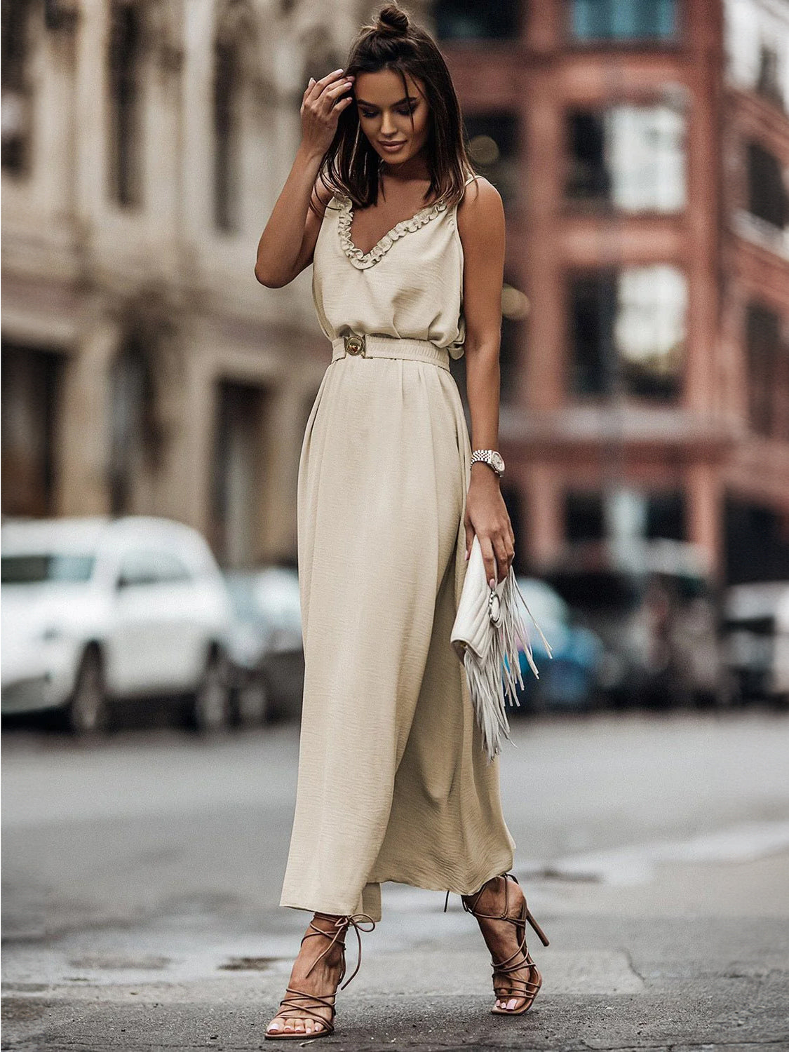 Dress Ruffles V-neck Belted Sleeveless Summer Maxi Dresses