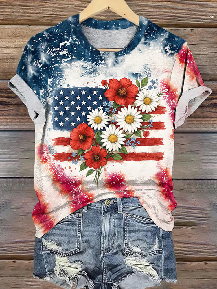 Comstylish Retro 4th Of July Watercolor Patriotic Flower Myosotis & Poppy Flag Print T-shirt