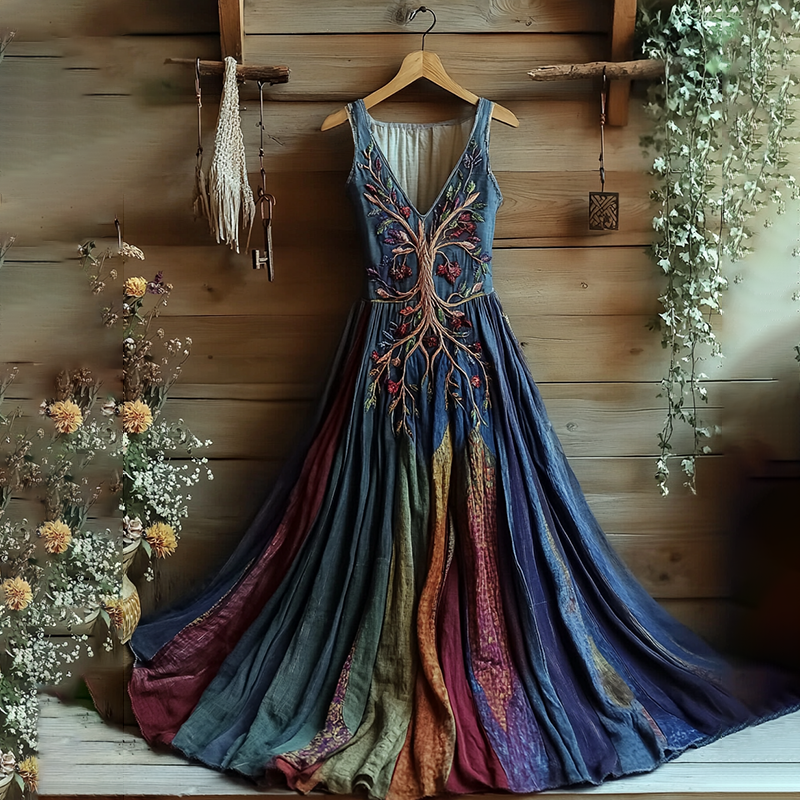 Viking Tree Of Life Contrast Color Maxi Dress elevenforest
