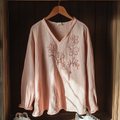Boho Floral Cherry Embroidery Print Cotton And Linen Blend Loose Blouse elevenforest