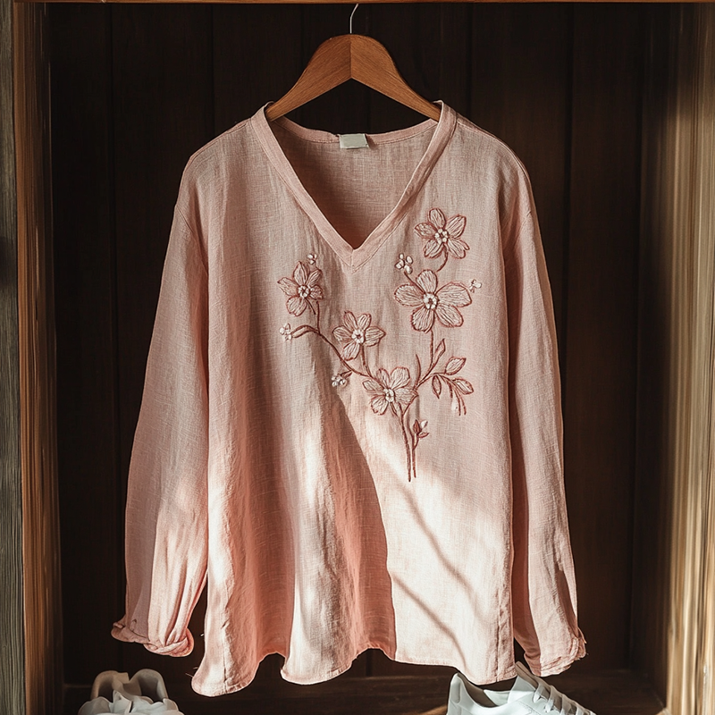 Boho Floral Cherry Embroidery Print Cotton And Linen Blend Loose Blouse elevenforest