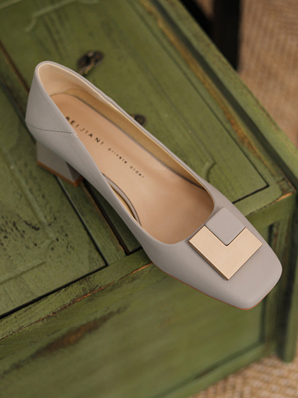 Square Buckle Chunky Square Mid Heel Shoes