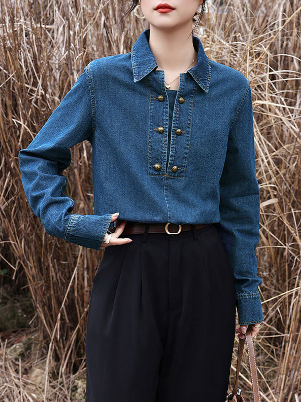 Long Sleeves Loose Buttoned Split-joint Lapel Blouses&shirts Tops