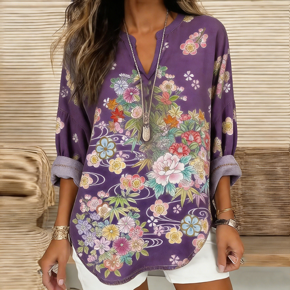 Comstylish Japanese Art Retro Plant Flower Printed Women's Top