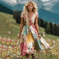 Women's Vintage Floral Art Patch Linen Comfy Short Sleeve Dress elevenforest
