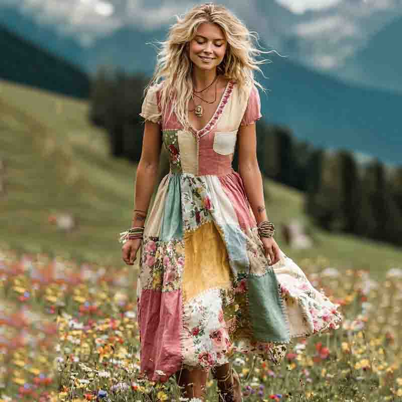 Women's Vintage Floral Art Patch Linen Comfy Short Sleeve Dress elevenforest