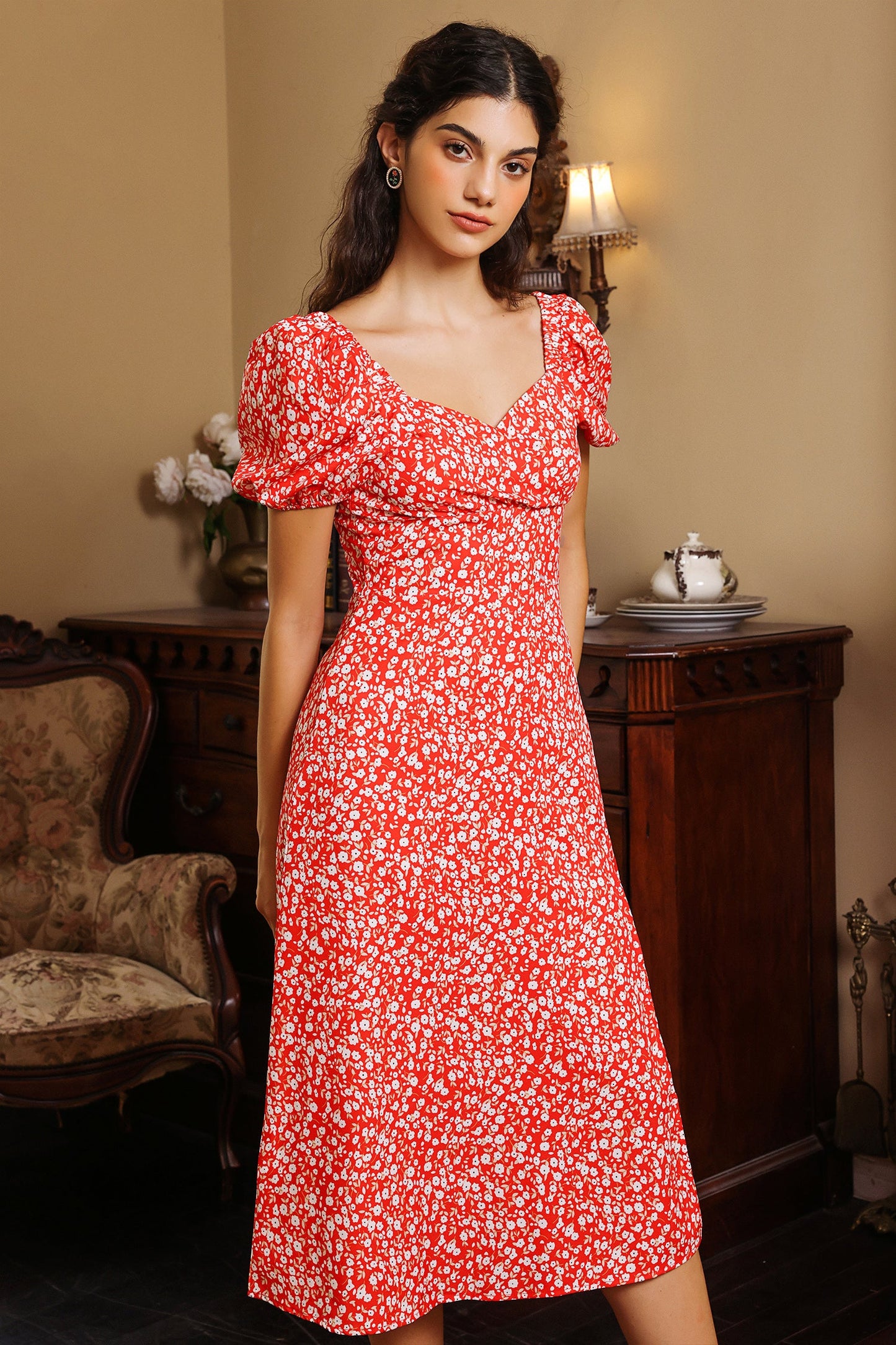 Puff Sleeve Slit Midi Dress Red