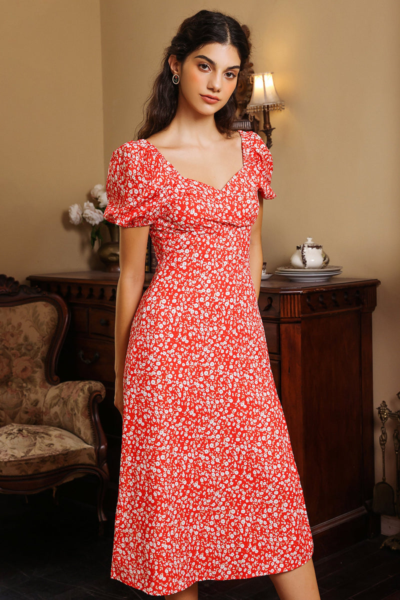 Puff Sleeve Slit Midi Dress Red