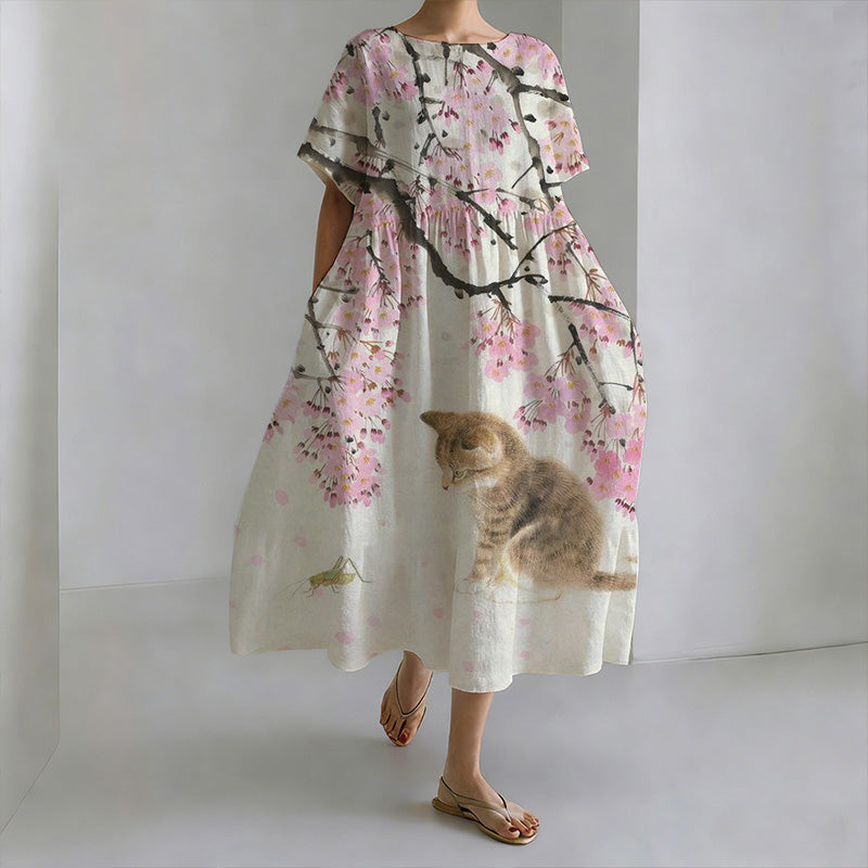 Comstylish Japanese Tree-shaded Kitten Leisure Round-neck Dress
