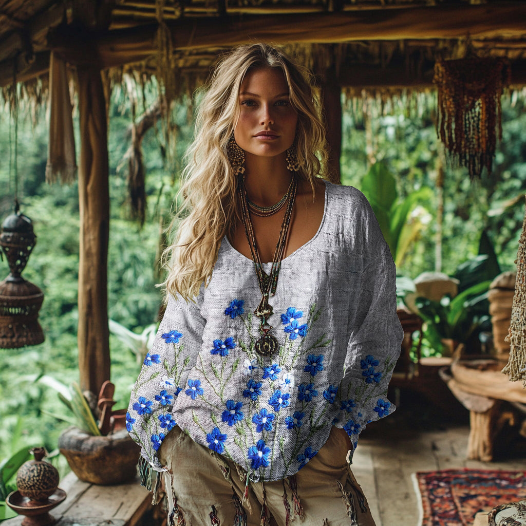 Comstylish Retro Bohemian Resort Floral Pattern Art Embroidery Cotton And Linen Blend Loose Blouse