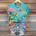 Comstylish Women's Floral Dragonfly Art Print V-neck Casual T-shirt