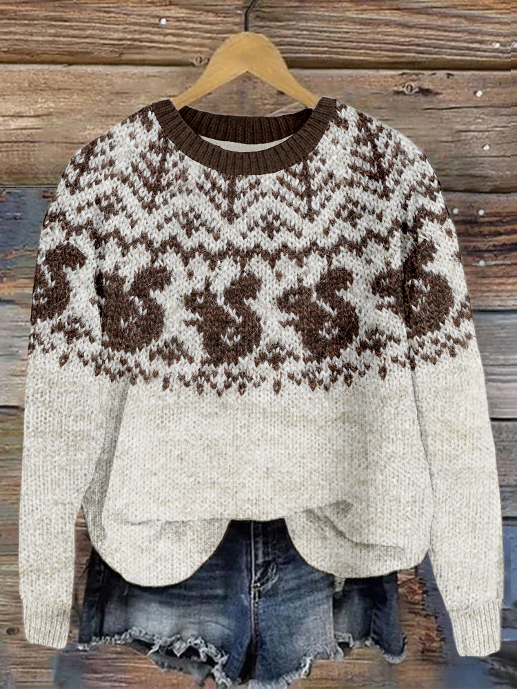 Vintage Squirrel Icelandic Pattern Cozy Knit Sweater elevenforest