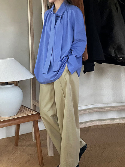 Long Sleeves Loose Color Split-joint Streamer High Neck Blouses